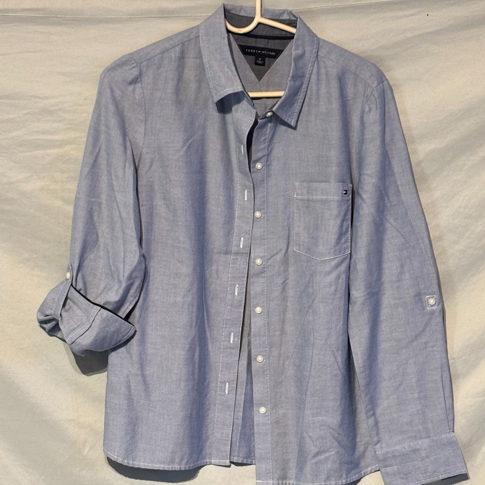 Tommy Hilfiger Women’s Blue Button Up + Shirt Roll Button Size M