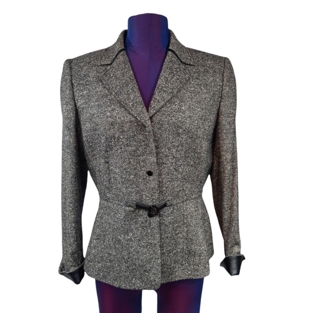 Tahari Wool Tweed Blazer Faux Leather Accents Size 6 Women's