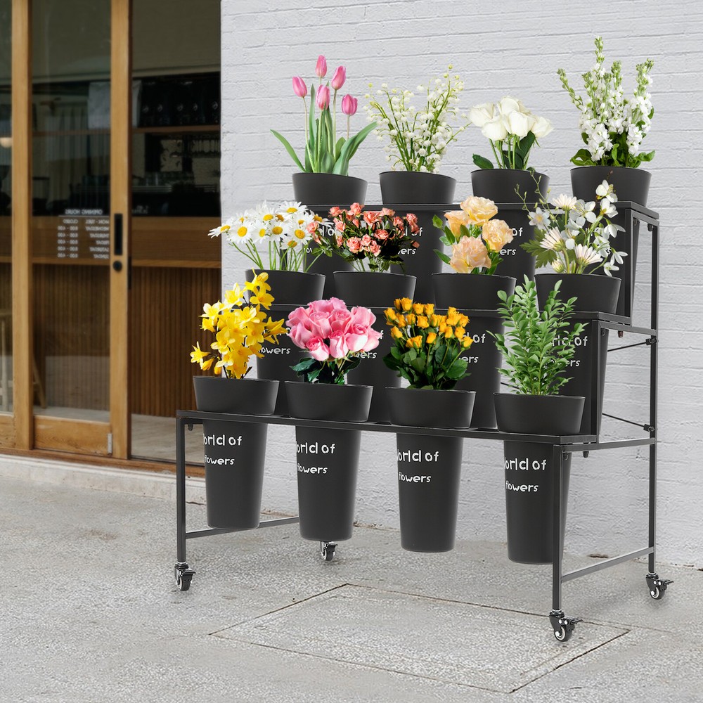 3 Layers Moving Plant Cart Shelf with Wheels Flower Display Stand + 12 Buckets