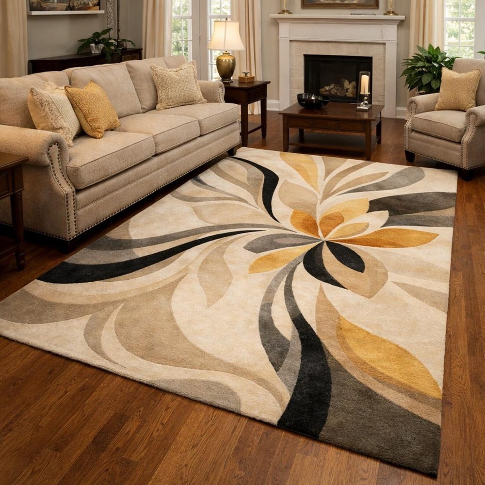 Modern Abstract Floral Hand Tufted Rug, Neutral Beige Contemporary Area Rug