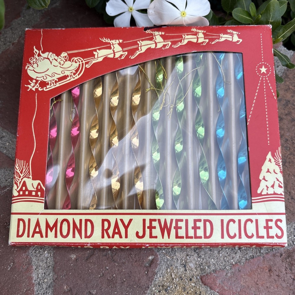 Vintage Diamond Ray Jeweled Icicles Twisted Metal Christmas Ornament Santa Box