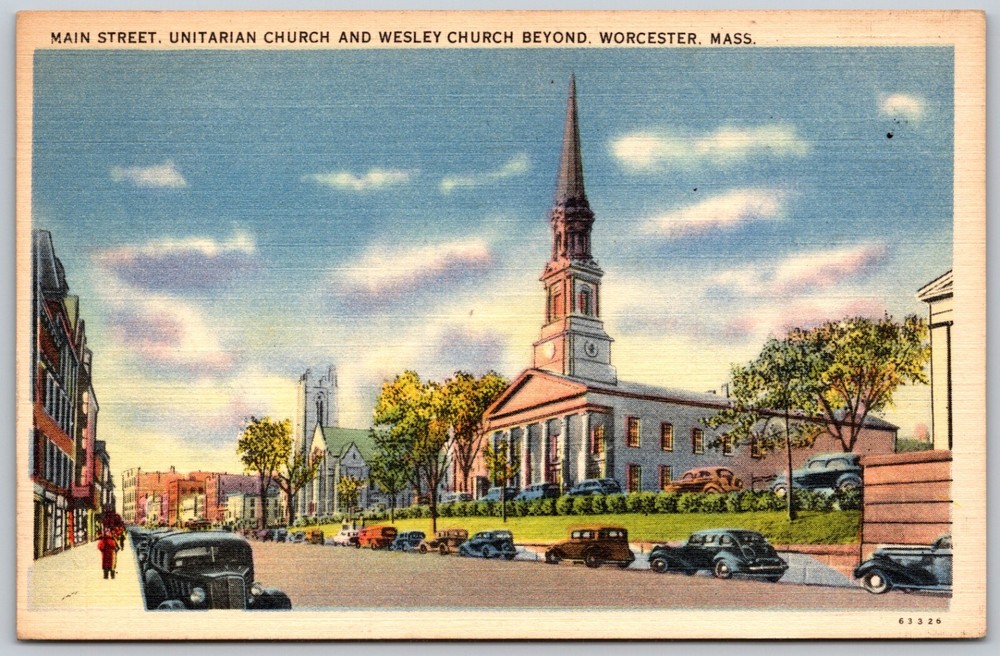 c1951 Main Street Unitarian Church & Wesley Church Beyond WORCESTER MA Postcard