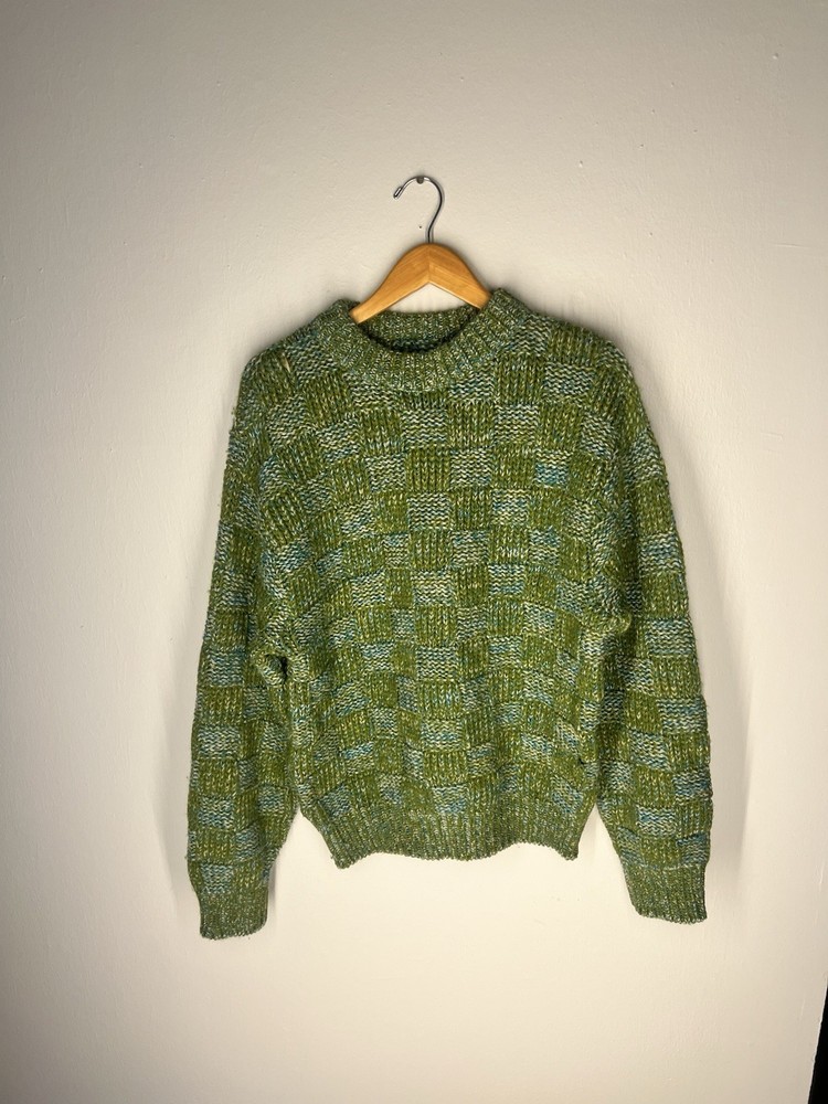 Vintage Pendleton Wool Sweater L – Green Blue Checkerboard Knit Pullover USA