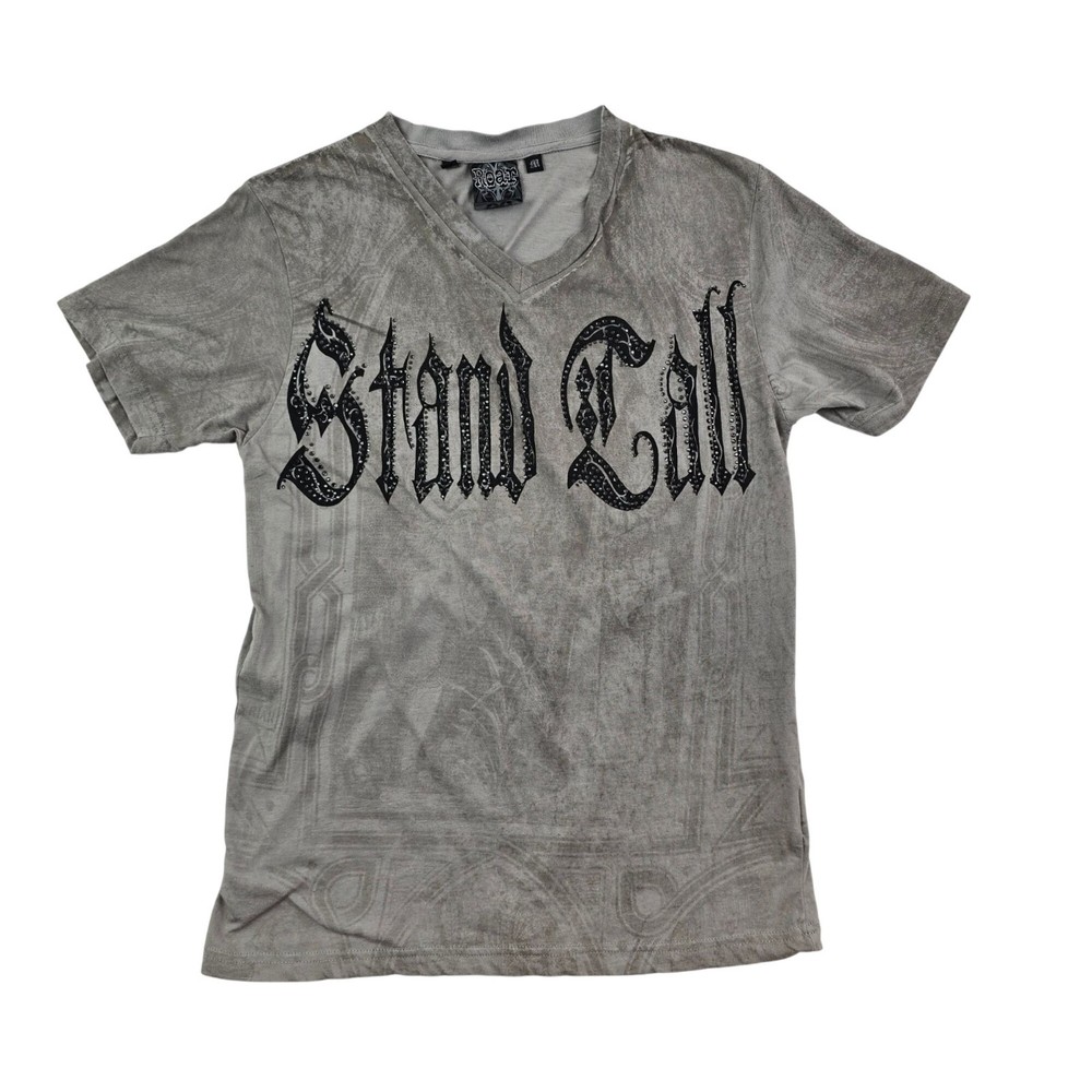 Roar Mens Stand Tall Graphic T-Shirt Gray V-Neck Size M Embellished Front & Back