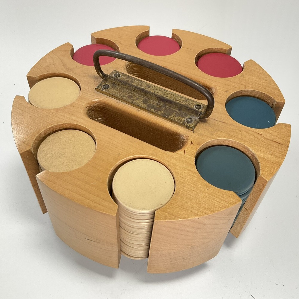 POKER CHIP Caddy In Wood Carousel 8 Slot, 2 Deck Holder With Cover