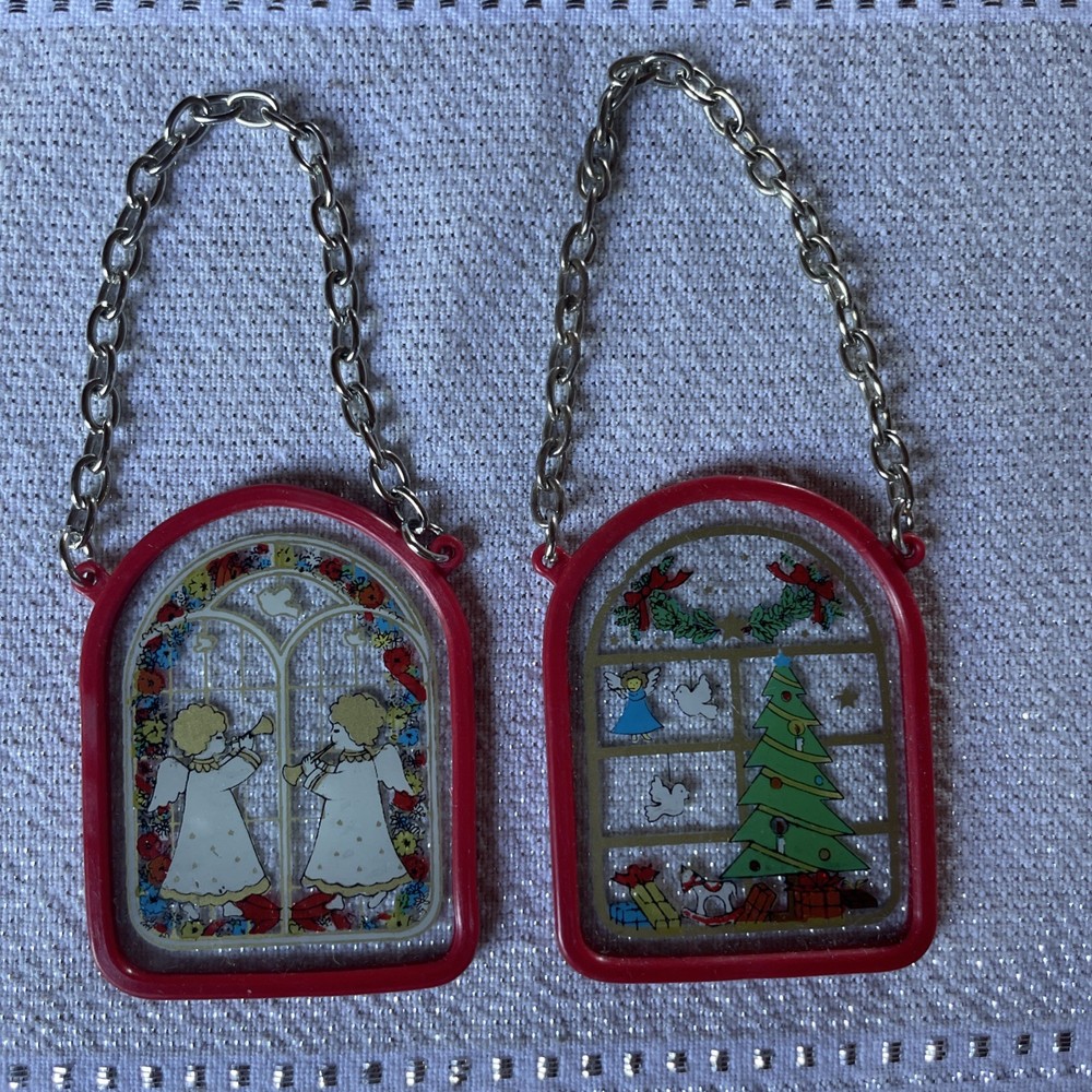 Vintage Christmas Ornaments Stained Glass Windows Lot of 2 Chain Hanger K4