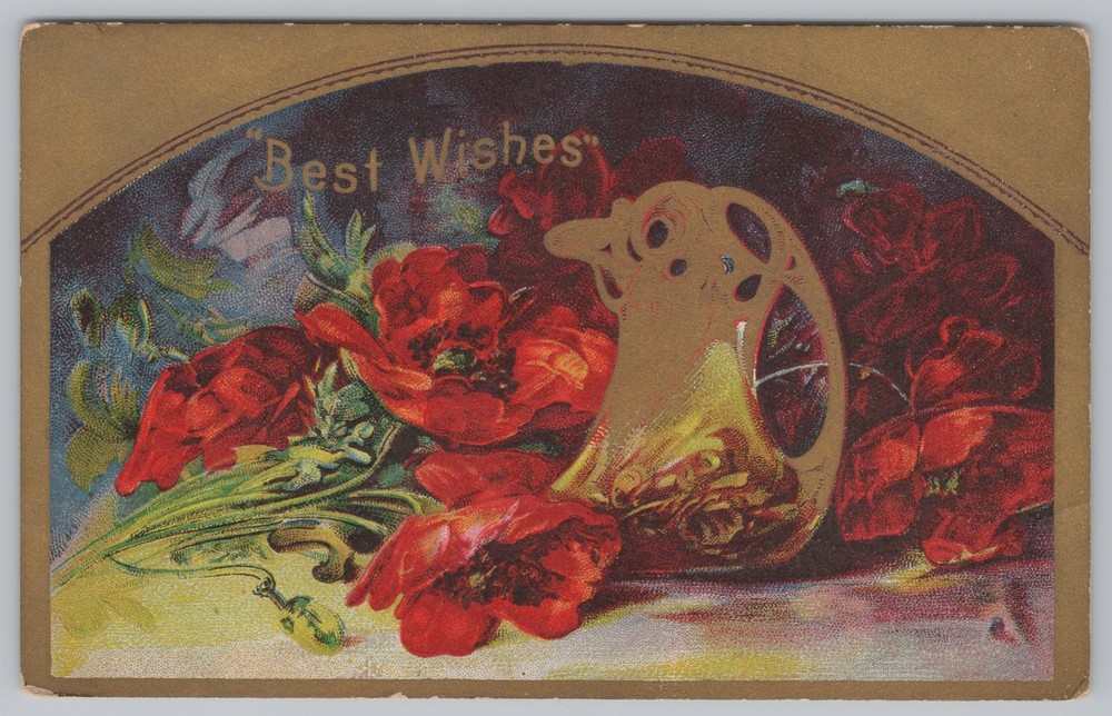 Greetings~Gold Border~Bundle of Red Poppies~Gold Vase~Vintage Postcard
