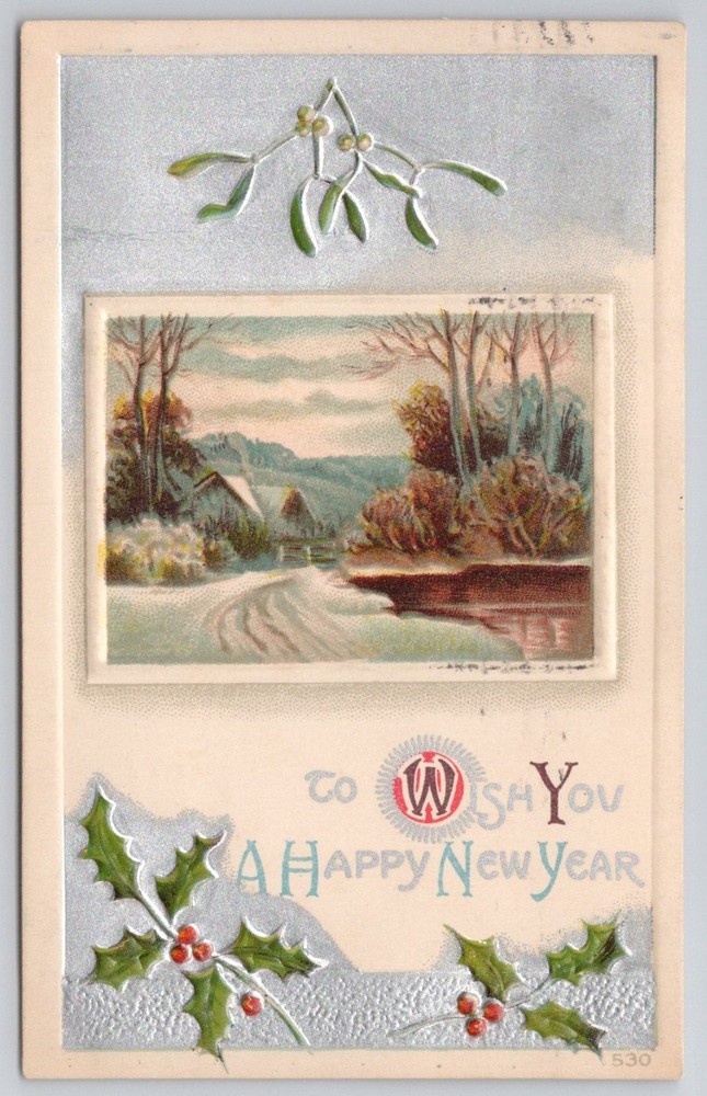 1909 Embossed New Year Postcard Winter Scene Holly Mistletoe Camden NJ Postmark