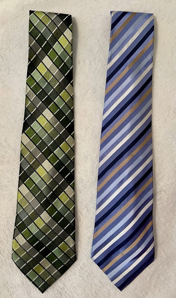 Set Of 2 Geoffrey Beene Men's Silk Ties Blue And Green Designer Geometric