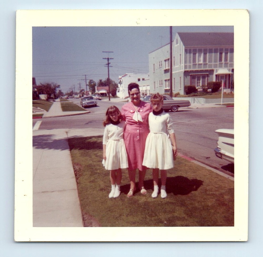 Old Vintage Square Color Photo STREET SCENE WOMAN GIRLS CLASSIC CARS TRIO PIC