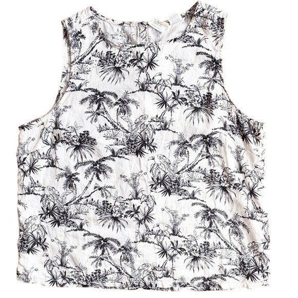 C&C California Linen Tank Top Palm Tree Toile Print, Women Medium White Black