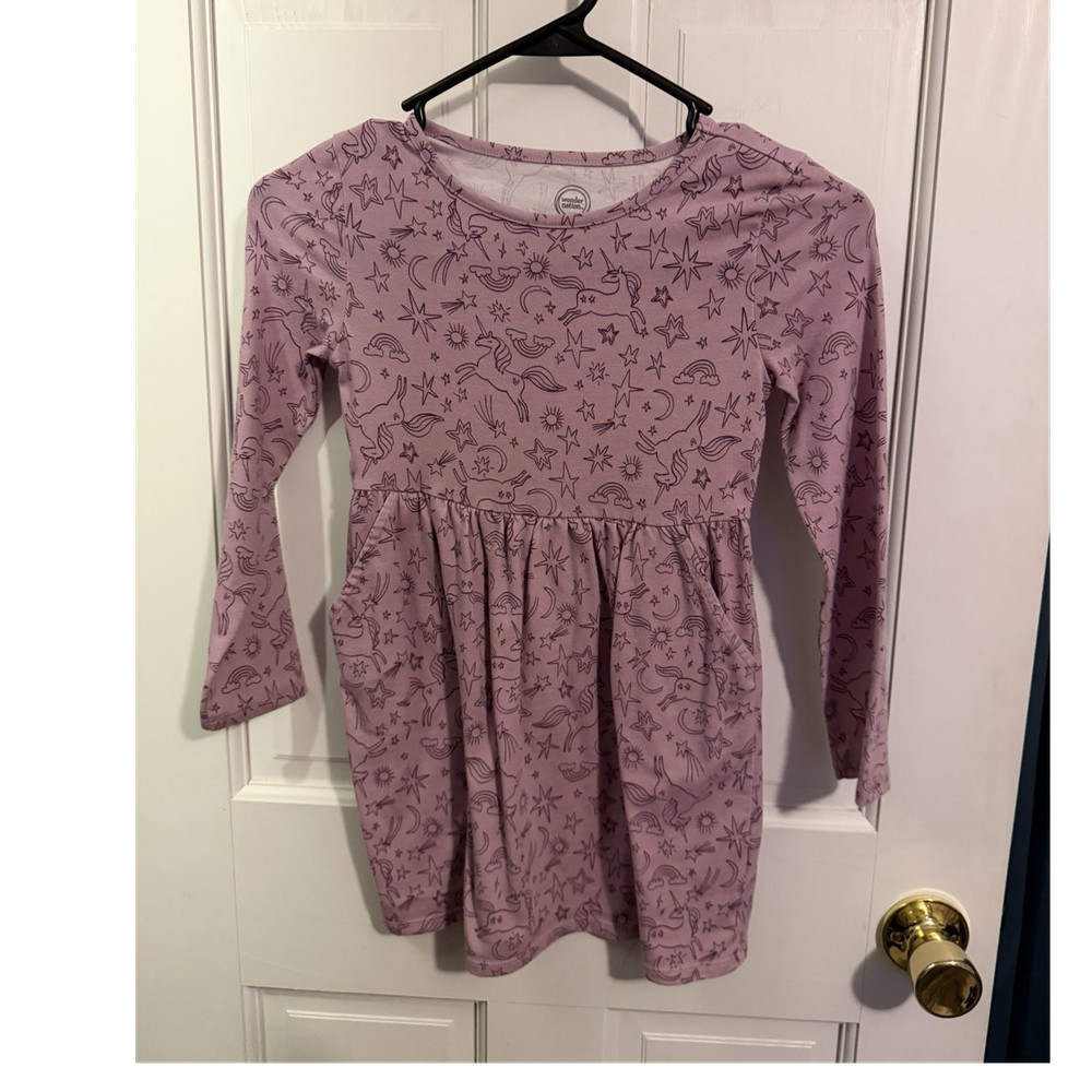 Wonder Nation Girls Size M Purple Unicorn Print A-Line Knee Dress Long Sleeve