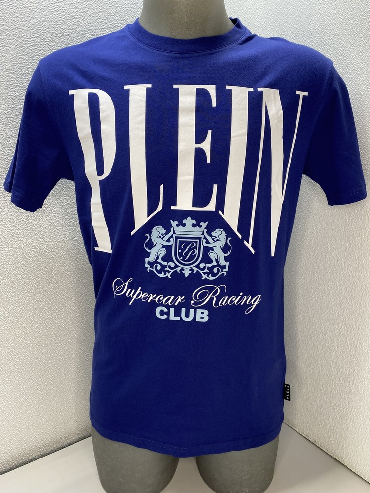 Philipp Plein Mens T-Shirt Dark Blue Size M Cars Racing Round Neck Short Sleeve