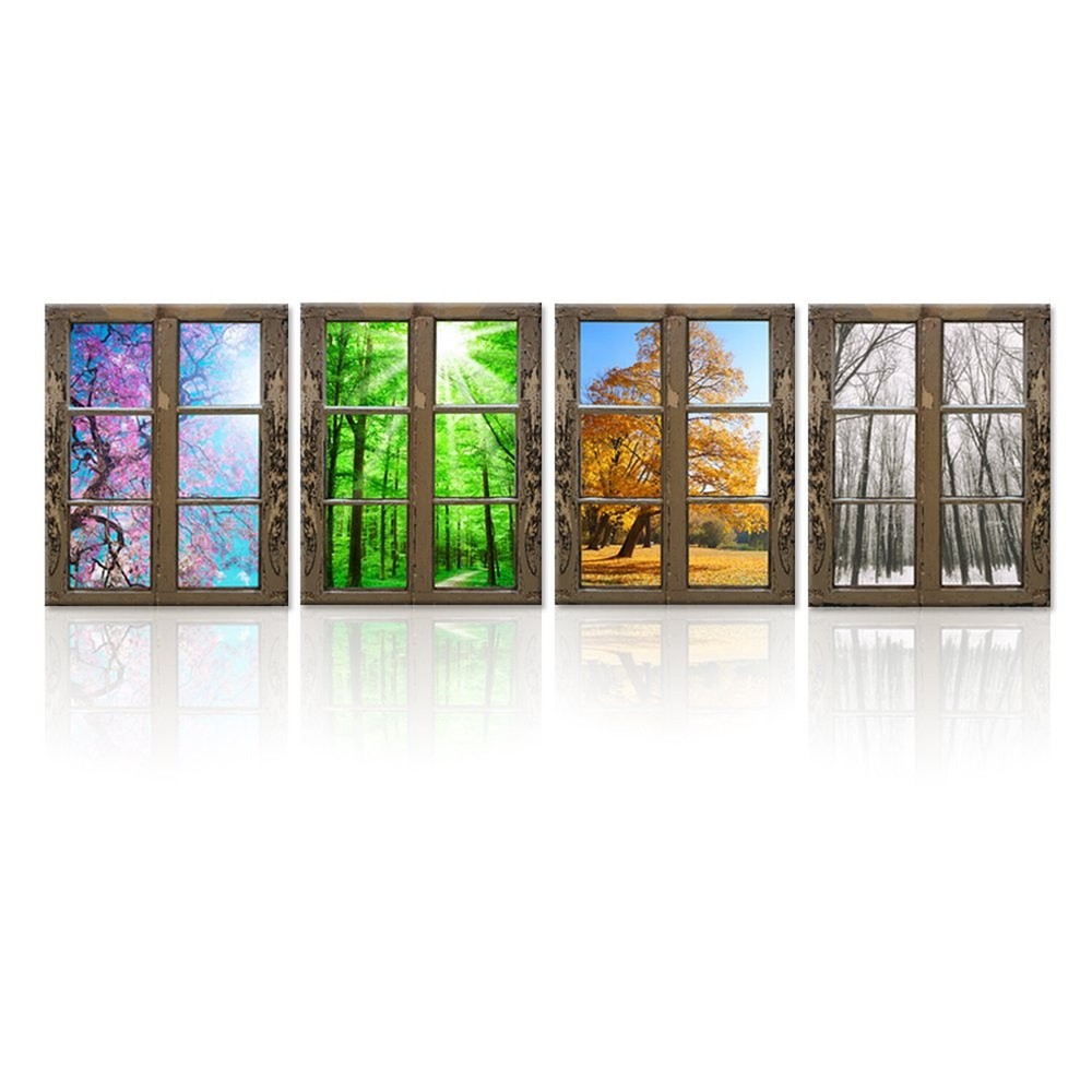 iHAPPYWALL 4 Seasons Modern Landscape Window Frame Style Wall Decor Spring Su...