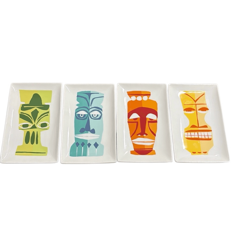 Crate & Barrel 4-Piece Tiki Face Appetizer Plates 8 Inch Luau Party Set by Jane Dixon