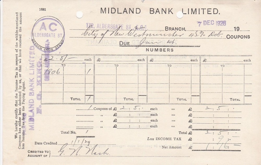 MIDLAND BANK LIMITED 1928 City of New Westminster Deb. Coupons Receipt Ref 45982