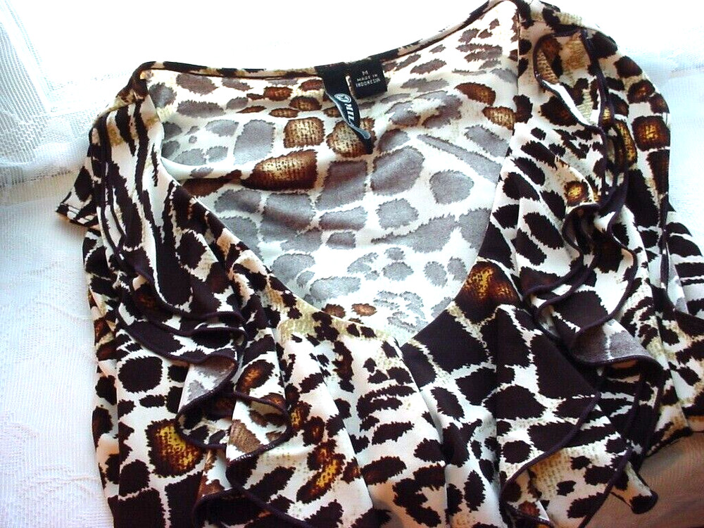 Milano Animal Print Top Size Medium Ruffled Vneck Sleeveless Stretch