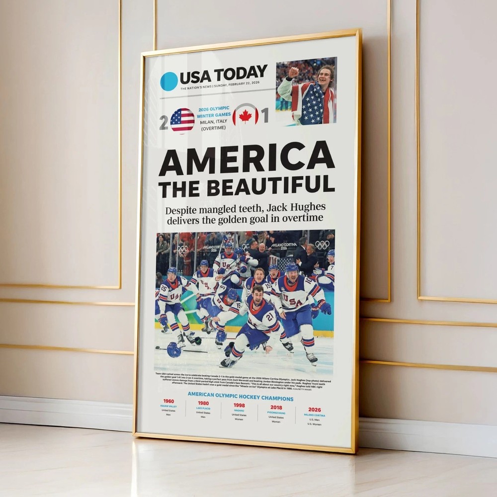 HOT! Team USA Hockey Olympics 2026 Gold Front Page Wall Art , Hockey poster