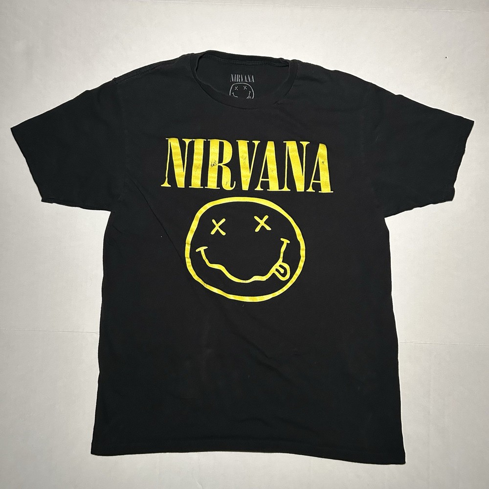 Nirvana Smiley Face Band T Shirt Black Yellow Graphic Tee Mens Medium
