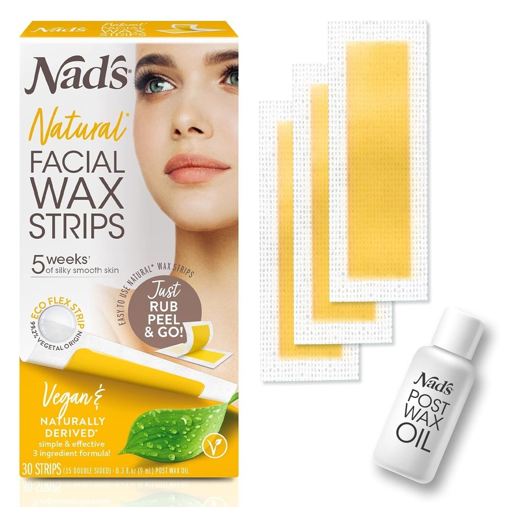 Nads Facial Wax Strips Natural Waxing Kit for All Skin Types includes 30 Face Wax Strips