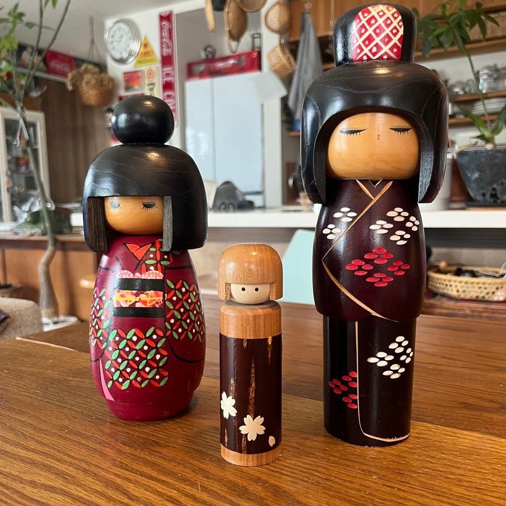 Miyagawa Kunio Hanagasuri Kokeshi Doll Set 26cm 22cm Sakura Vintage Japan