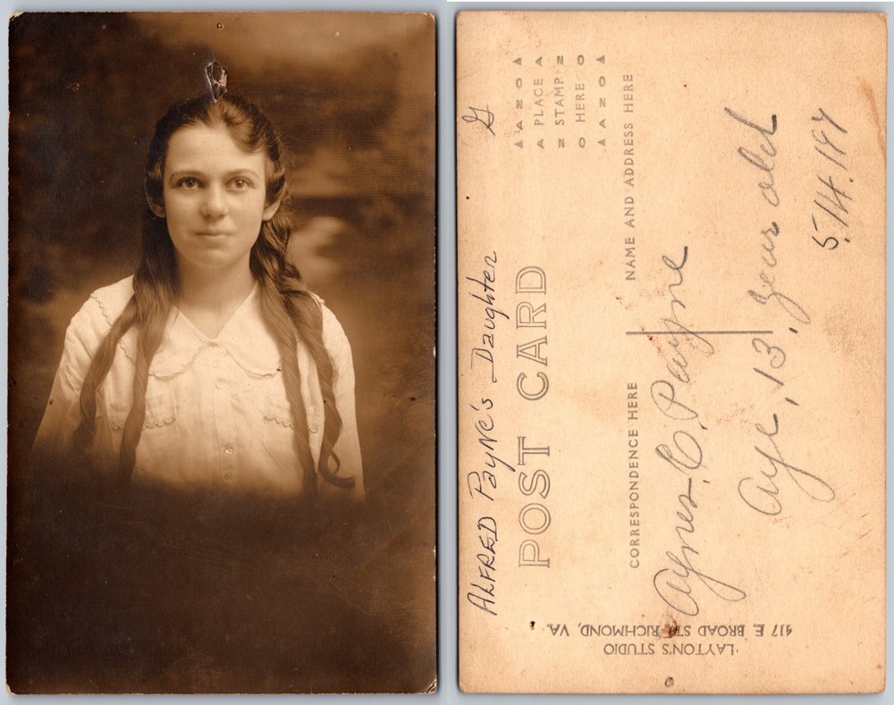RPPC Edwardian Girl Long Hair White Dress Portrait Photo Postcard