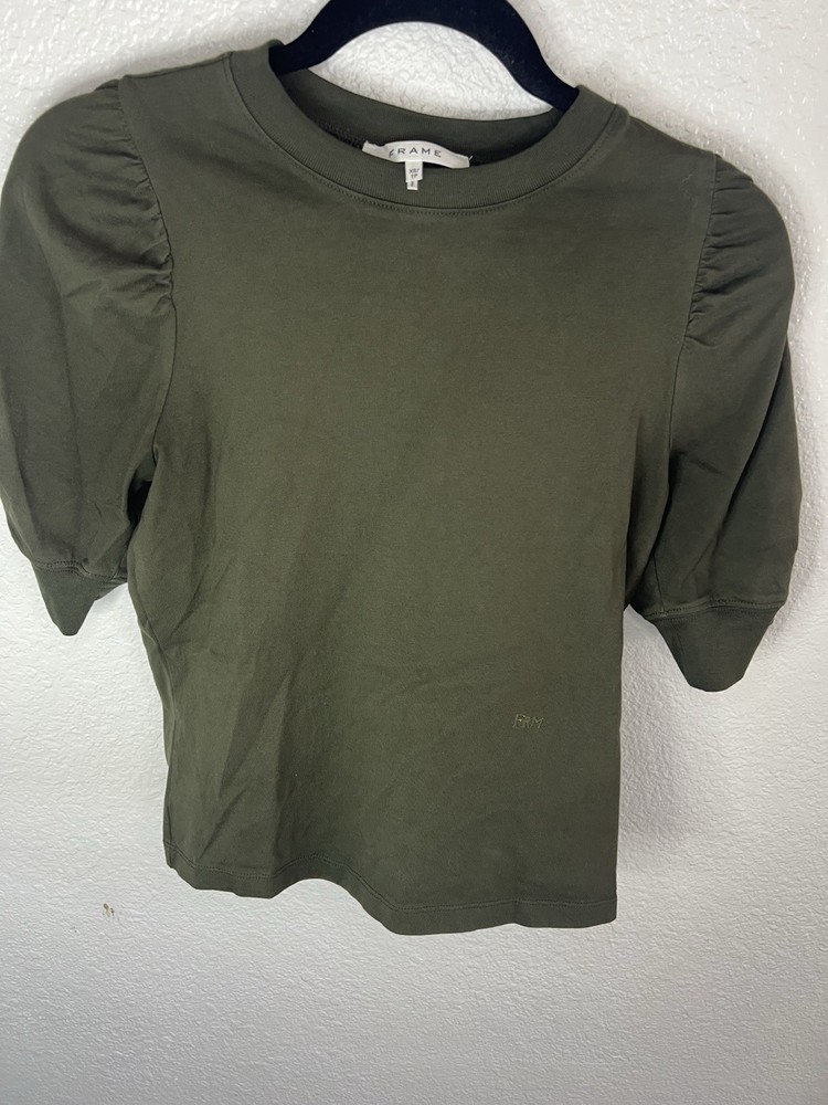 FRAME Olive Green Puff Sleeve Knit Short Sleeve Pullover Crew Neck T-Shirt XS