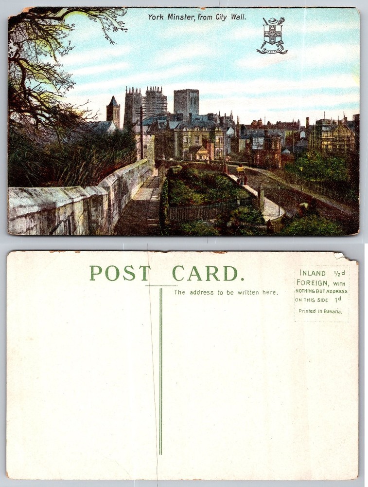 York Minster from City Wall Antique Postcard - Early 1900s Bavaria Printed