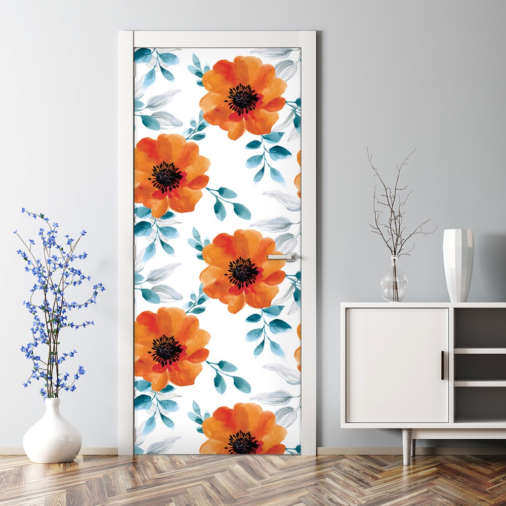 Watercolour floral Orange flower Adhesive Door sticker mural Soft powder room