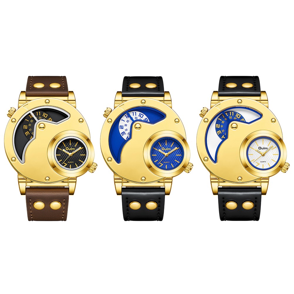 Men's Casual Big Face Dual Time Quartz Watch with Round Dial  