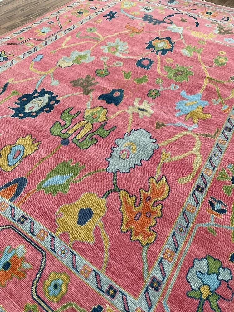 Hand Knotted Oushak Rug 9 x 12 Pink Floral Turkish Style Wool Area Rug Handmade