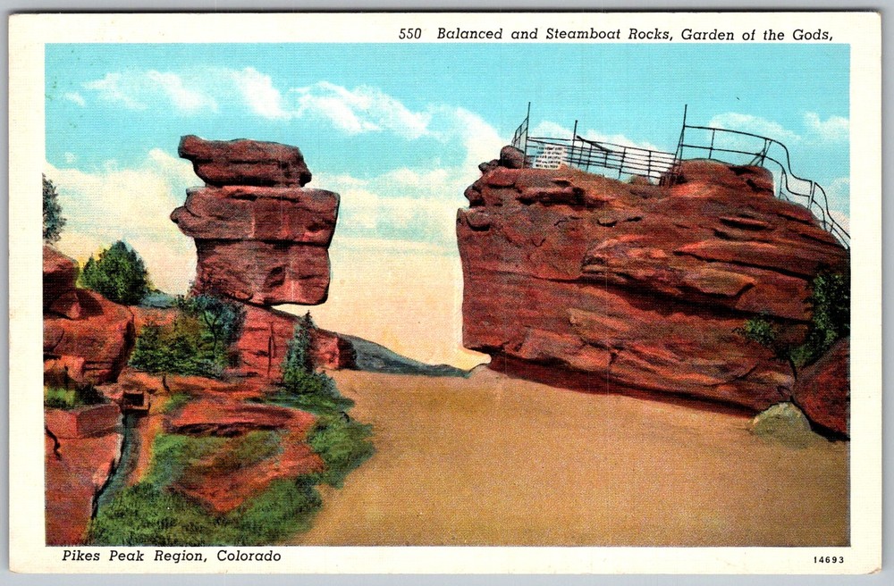 Vtg Linen Postcard Balanced Rock & Colorado Springs, CO 1930s