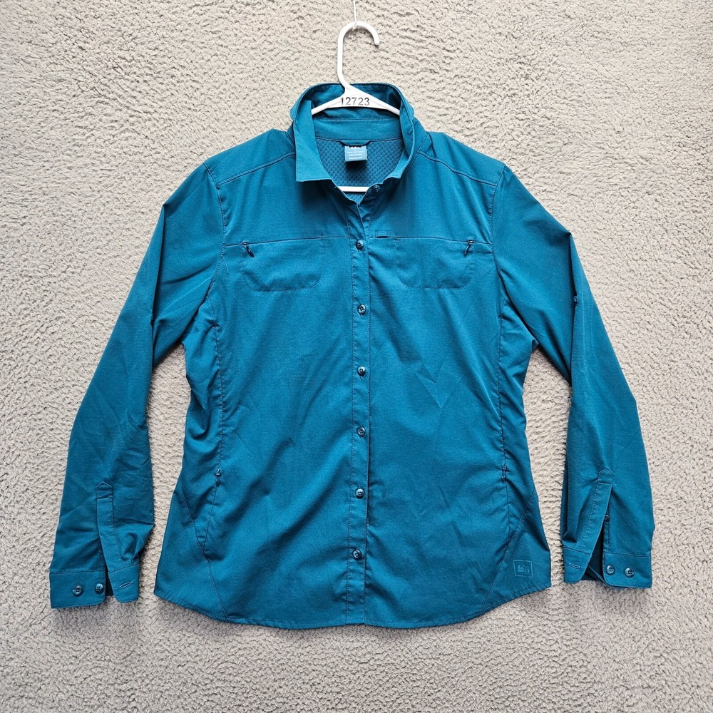 REI Shirt Womens Size Large Blue Long Sleeves Button Up Collared