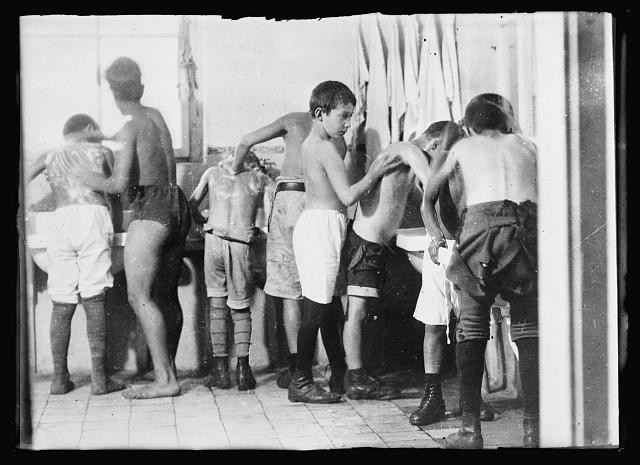 Photo:Boys Bathing in Bathroom 1920s Group Washing Back View