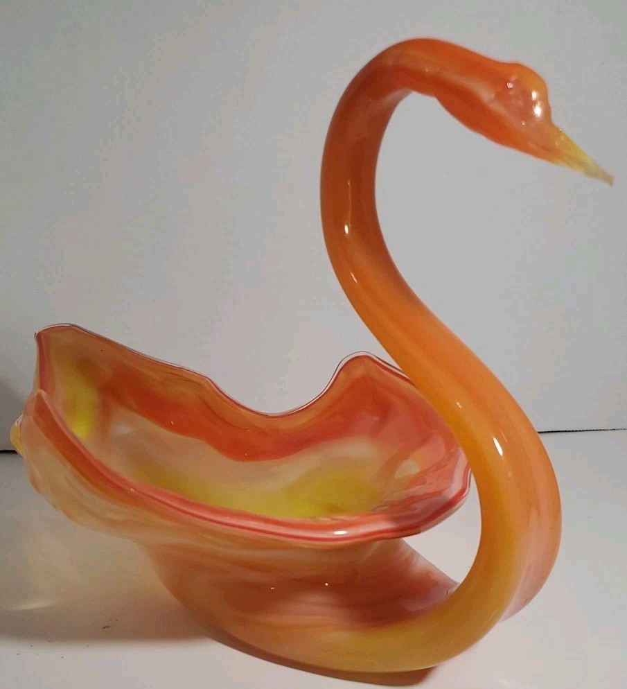Vntge Sooner Art Glass Swan Trinket Dish Hand Blown  Orange Yellow Swirl Candy