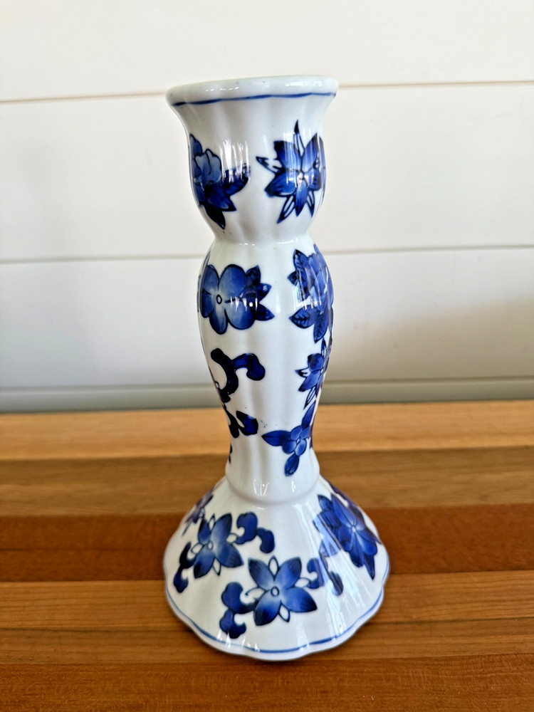Vintage Candle Holder Cobalt Blue Porcelain Floral Design 8 3/4