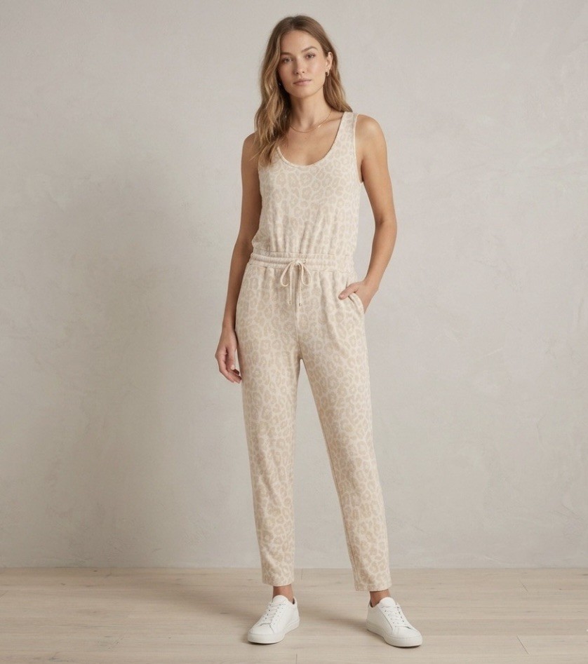 Splendid Leopard Print Soft Sleeveless Jumpsuit M Drawstring Elastic Waist Comfy