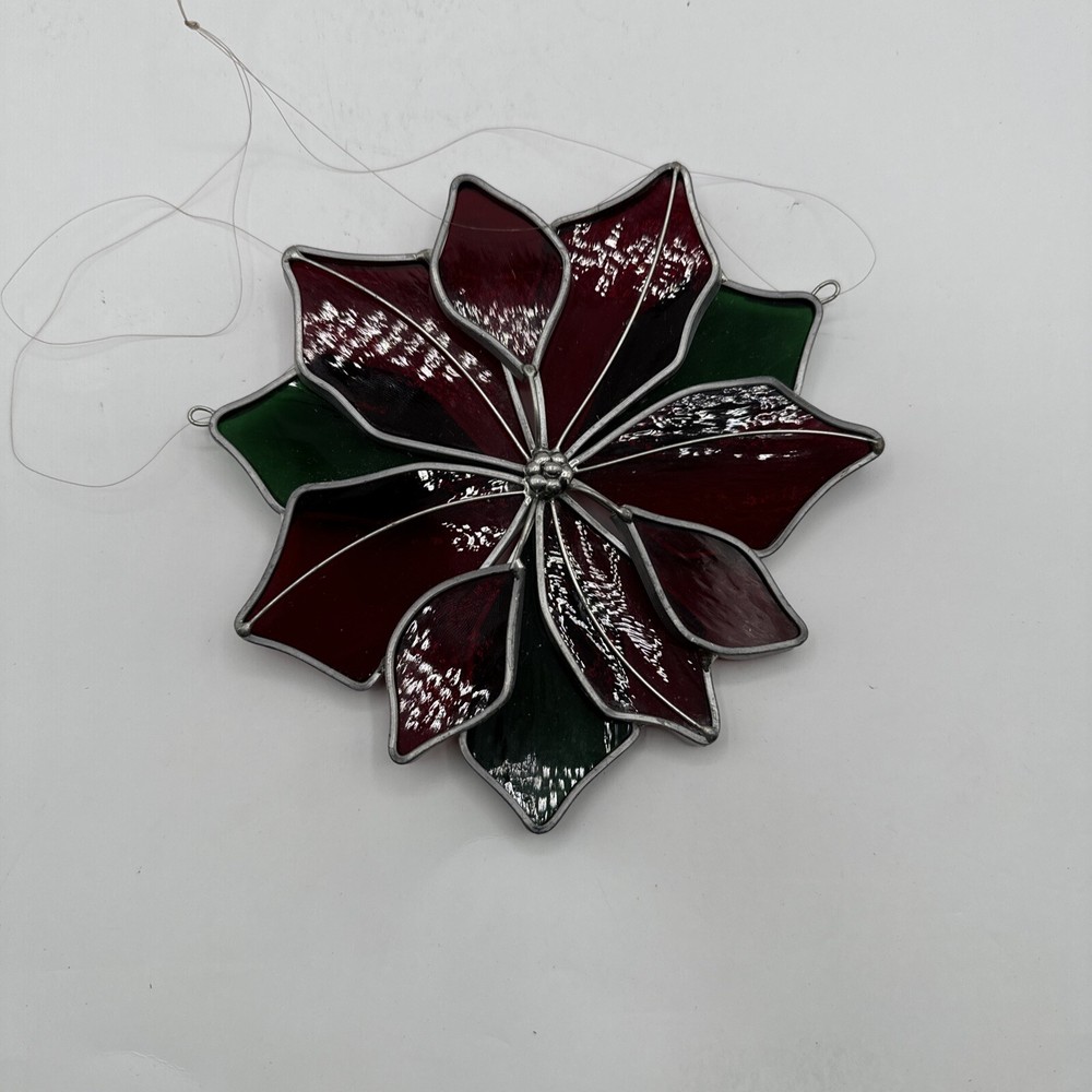 Vintage Holiday Christmas Stained Glass Poinsettia 3D Hanging Panel