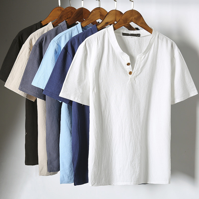 Summer Men's Cotton Linen Tops Casual Short Sleeve Loose T-shirt Blouse M-5XL