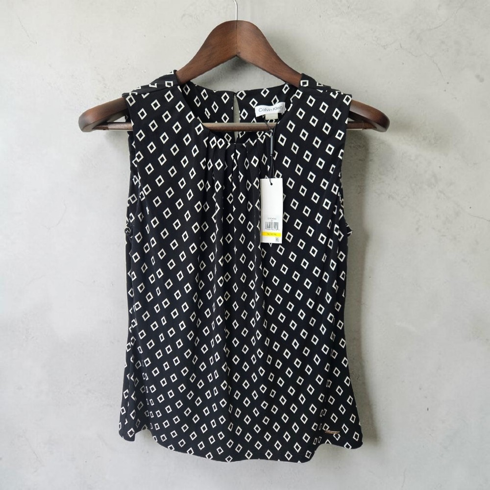 NWT Calvin Klein Suits Womens Tank Sleeveless Blouse Black White Medium