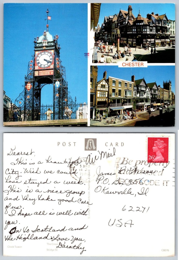 Chester England Eastgate Clock Historic Streets Vintage Postcard 1988 Posted