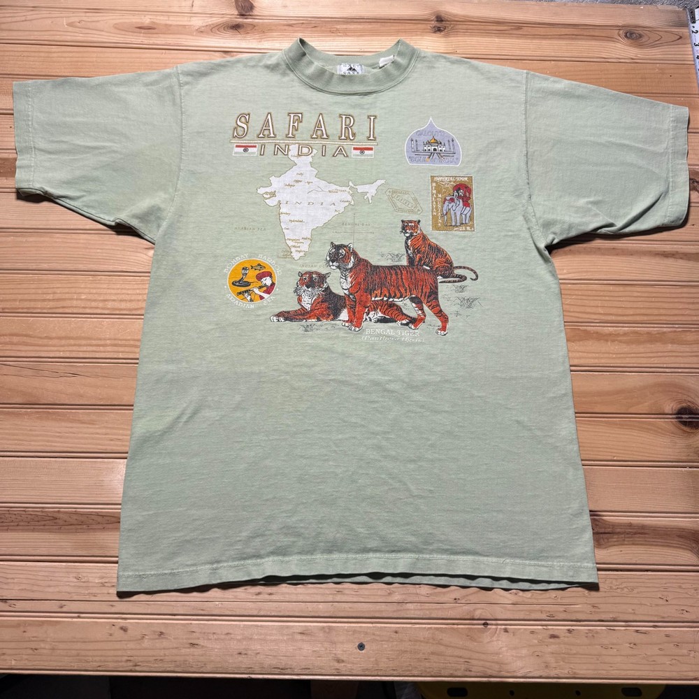 Vintage 90s Safari India Bengal Tiger Map Nature Souvenir T-Shirt USA - Large