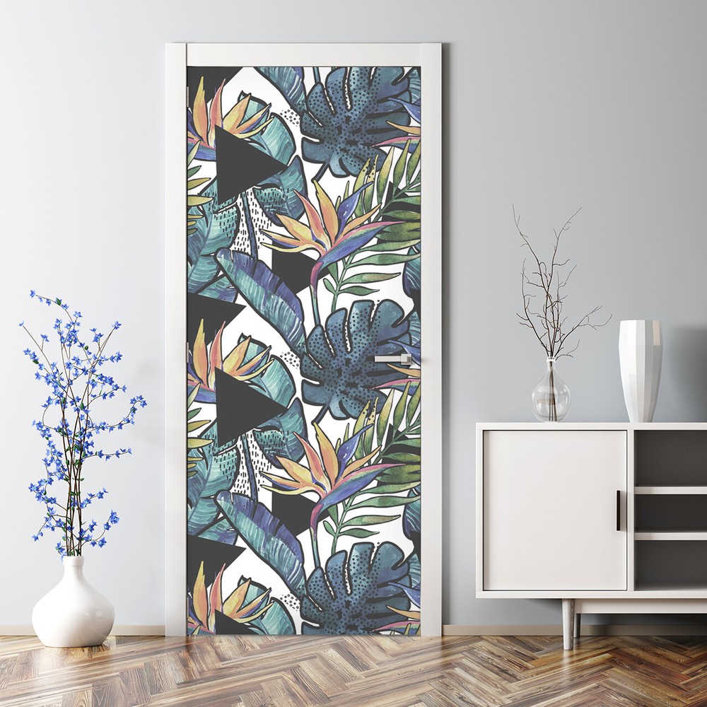 Contrast Flowers Bubble Free Door sticker Watercolour Decal Leaves decor