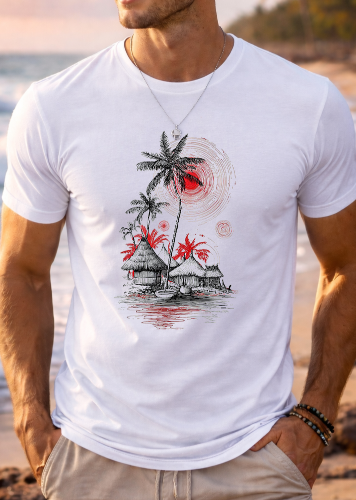 Men’s Tropical Palm Tree Graphic T-Shirt Beach Sunset Island Retro Style size L