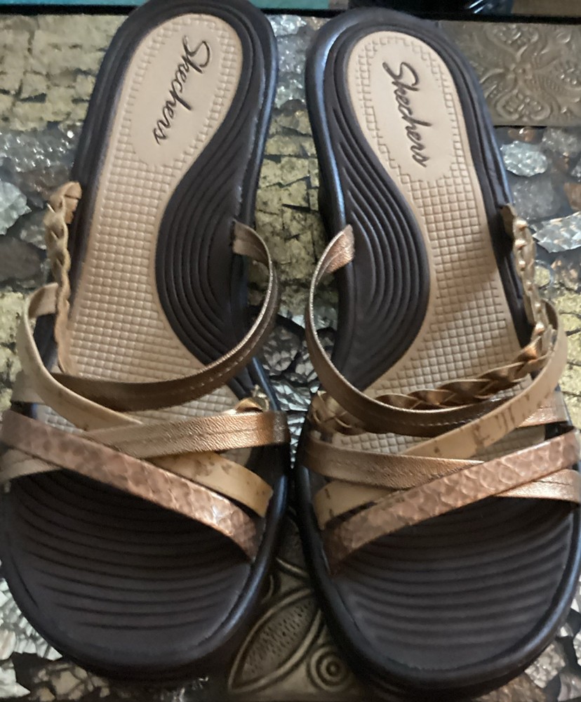 Skechers Cali Rumblers Wild Gold Strappy Wedge Sandals Women Size 8
