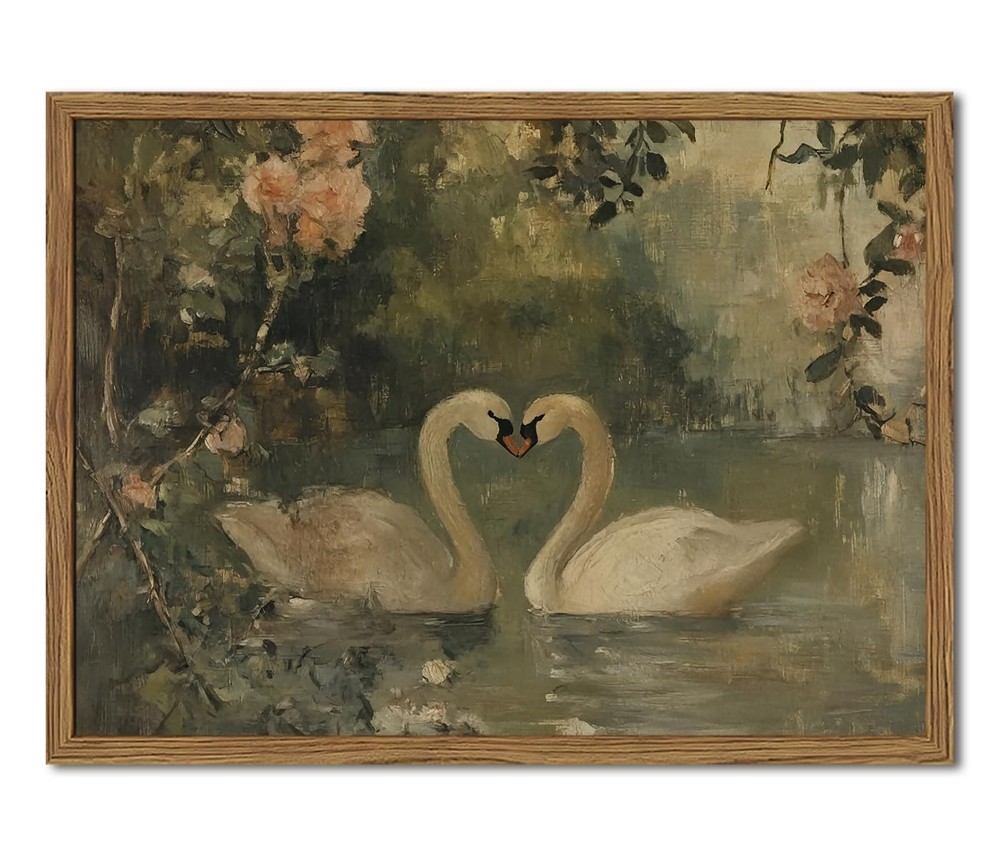 Framed Vintage Swan wall art, Rustic Romantic White Swan Pictures Wall Decor,...