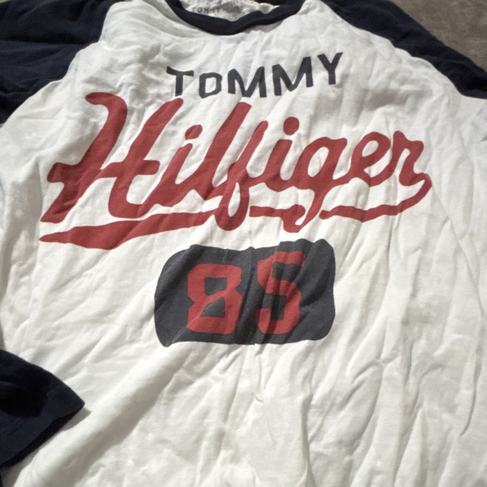 Tommy Hilfiger White Navy Graphic Logo Long Sleeve T-Shirt Men's L/XL