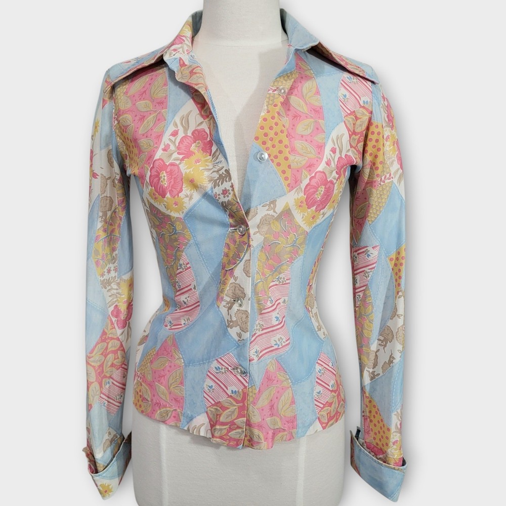 Vintage 70s Shirt Pattys Womens XS Small Disco Retro Pastel Floral dagger collar