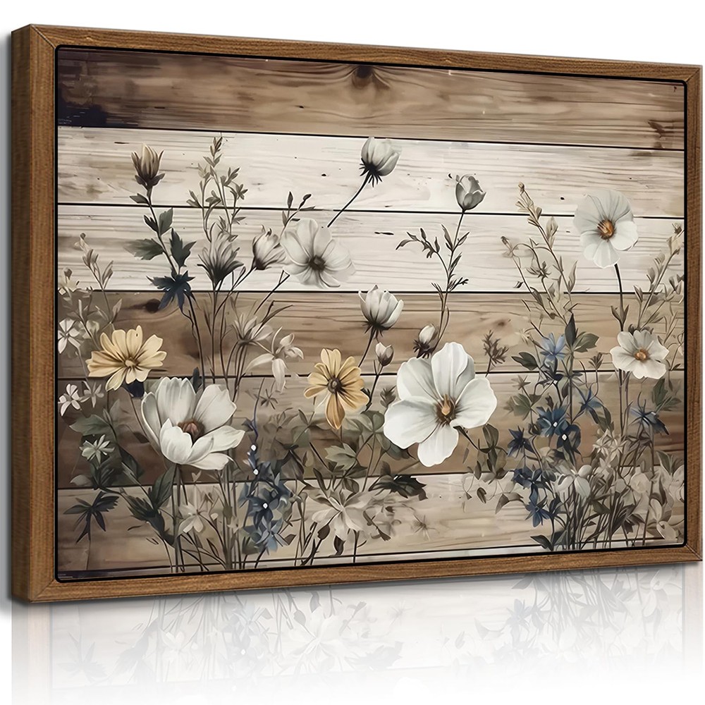 Framed Vintage Floral Wall Art Rustic Flowers Wall Decor Farmhouse Canvas Pos...
