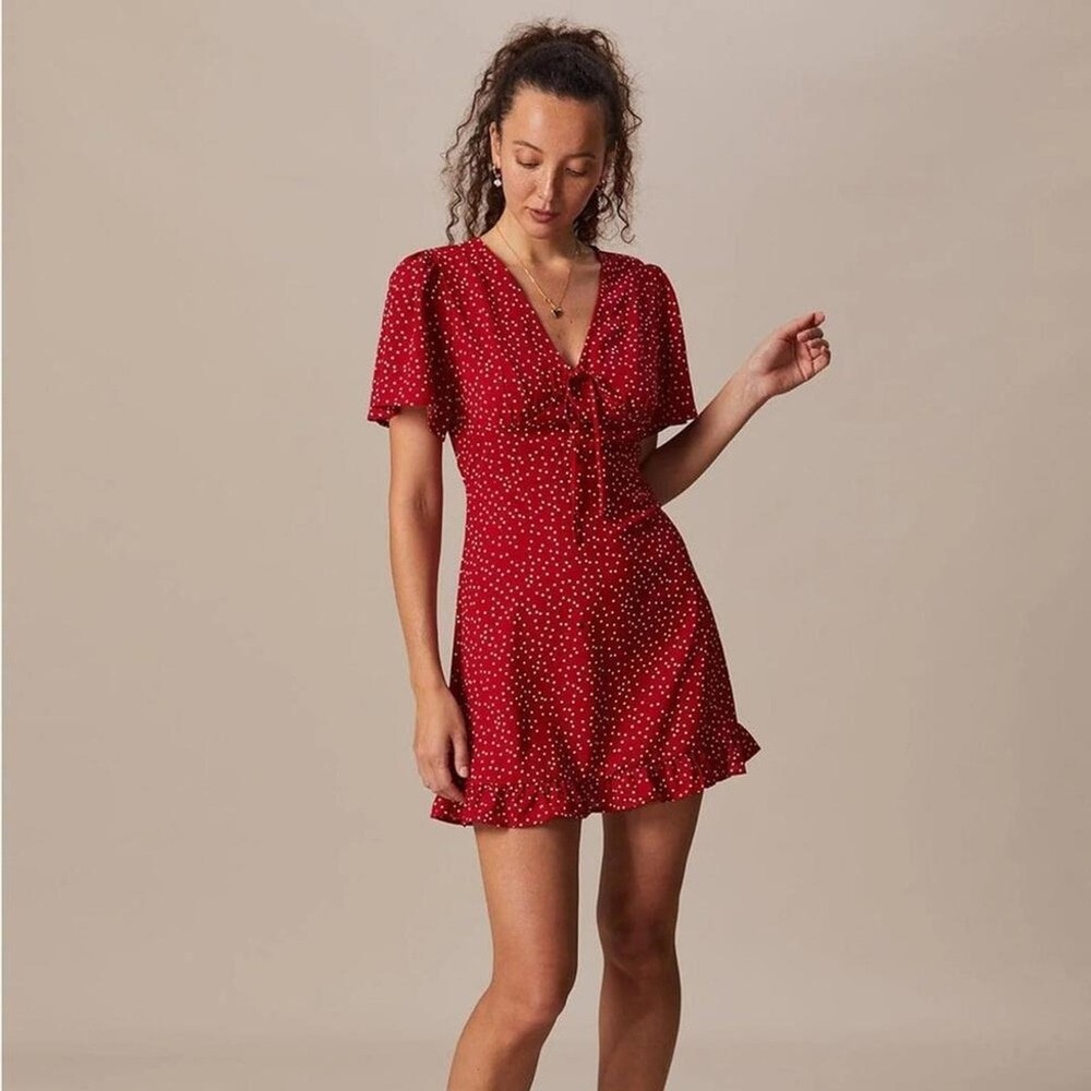 RIHOAS The Red V Neck Polka Dot Flounce Mini Dress M